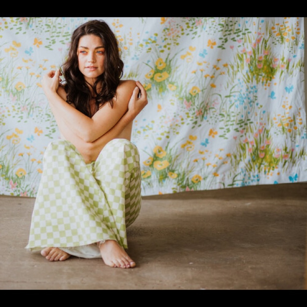 Free People Printed Flare Jeans Lime Checker